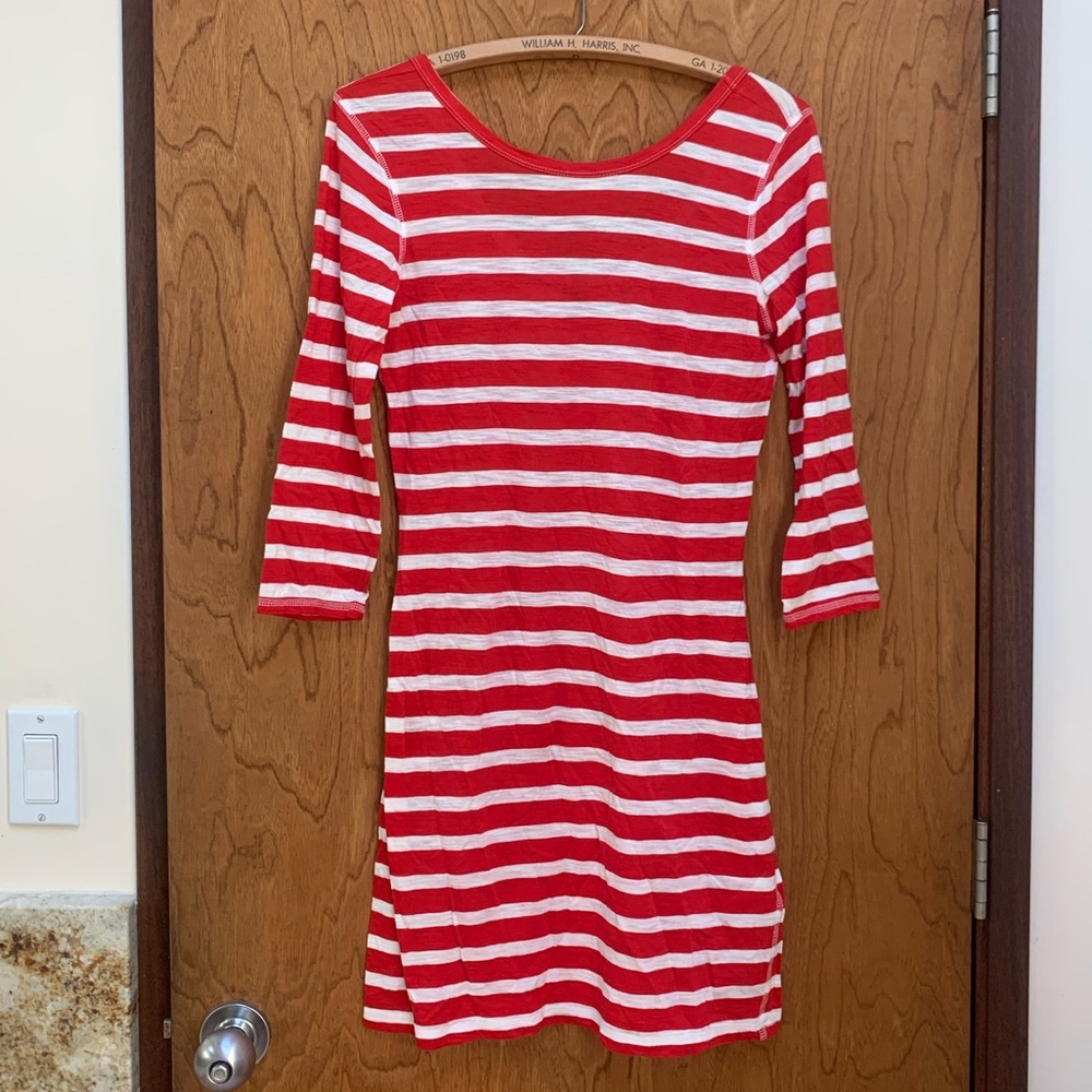 Express French Breton Striped Shift Dress Red White Medium Long Sleeve